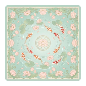 Flat product image of a square mahjong table mat showing a mint green pond with a central lotus medallion, koi fish swimming in a circle, and pink lotus flowers around the border.