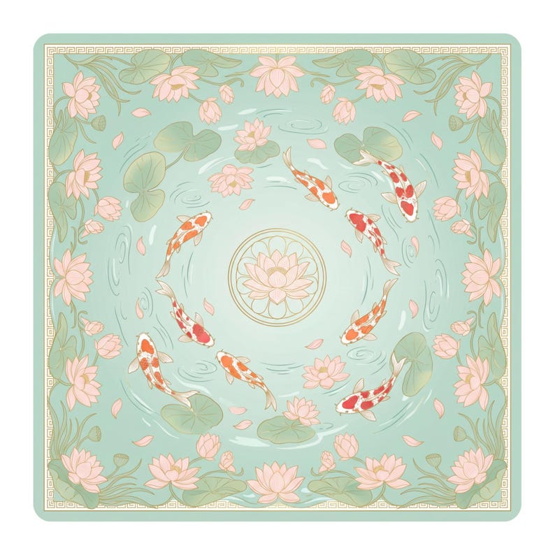Flat product image of a square mahjong table mat showing a mint green pond with a central lotus medallion, koi fish swimming in a circle, and pink lotus flowers around the border.