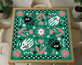 Groene mahjong-tafelmat – Peace Love Hands Floral Art, geluidsreducerende spelhoes