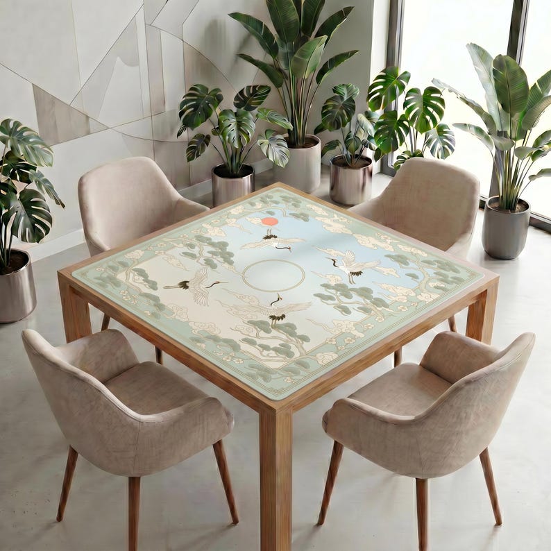 Cranes and pine clouds mahjong mat displayed on a square table in a modern room, surrounded by soft chairs and tall potted plants near large windows.
