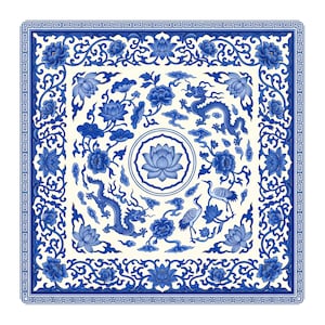 Flat product image of a square mahjong table mat with blue and white dragon and lotus design, cranes and clouds, framed by floral vines and a geometric border.