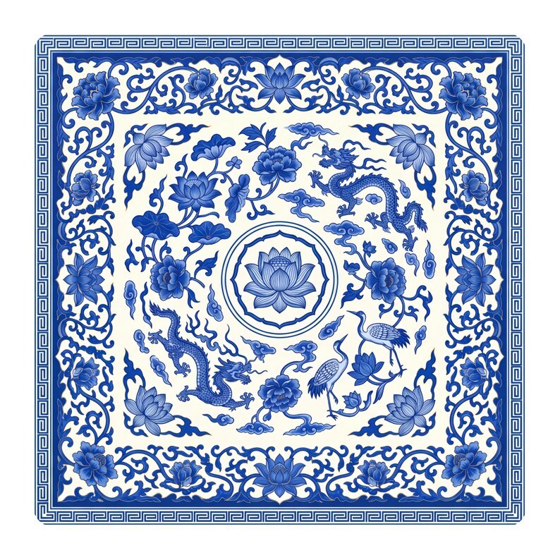 Flat product image of a square mahjong table mat with blue and white dragon and lotus design, cranes and clouds, framed by floral vines and a geometric border.