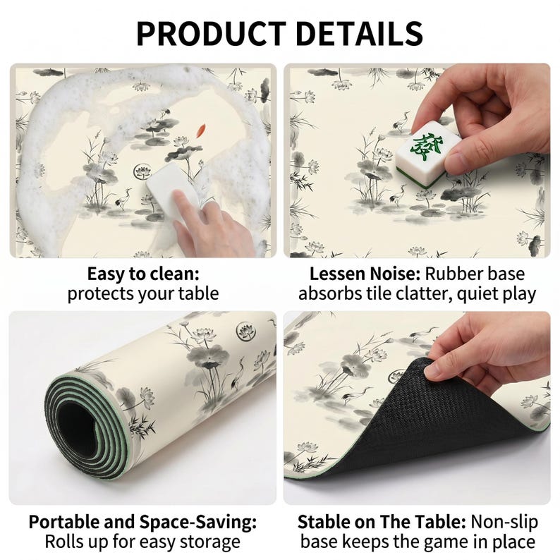 Product detail collage showing the ink crane lotus table mat being washed with foam, used under tiles, rolled for storage and lifted to reveal the black non‑slip rubber backing.