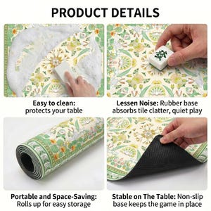 Product detail collage showing the green crane and lotus table mat being cleaned with foam, used under a tile, rolled up and lifted to reveal the non‑slip backing.