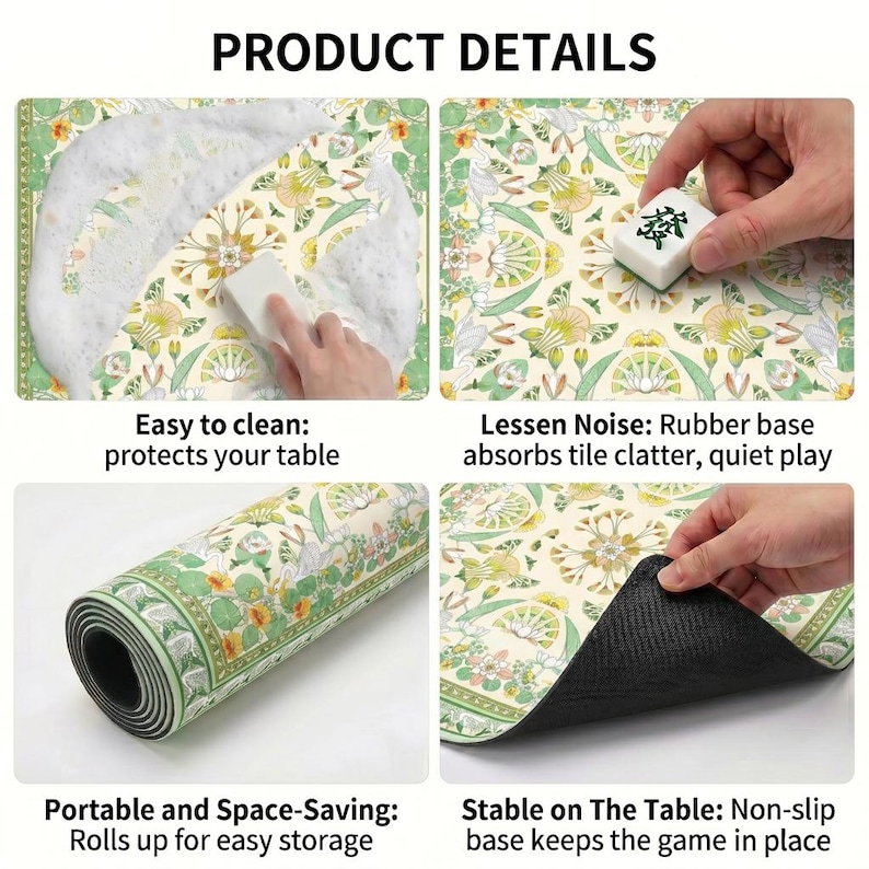 Product detail collage showing the green crane and lotus table mat being cleaned with foam, used under a tile, rolled up and lifted to reveal the non‑slip backing.