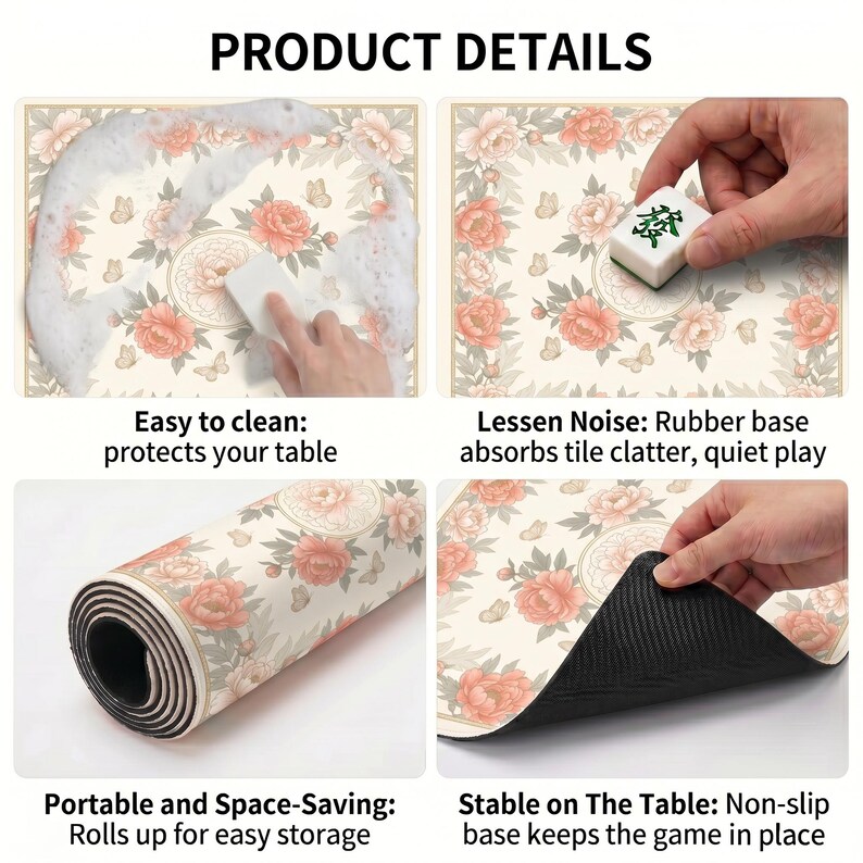 Product detail collage showing the peony mahjong mat being washed with foam, used under tiles, rolled up for storage and lifted to reveal the textured non‑slip rubber backing.