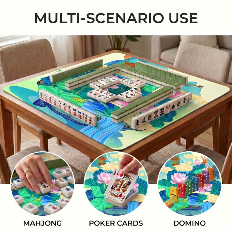 Multi‑scenario graphic showing mahjong tiles, playing cards and colorful domino style pieces being used on the lotus pond game mat.