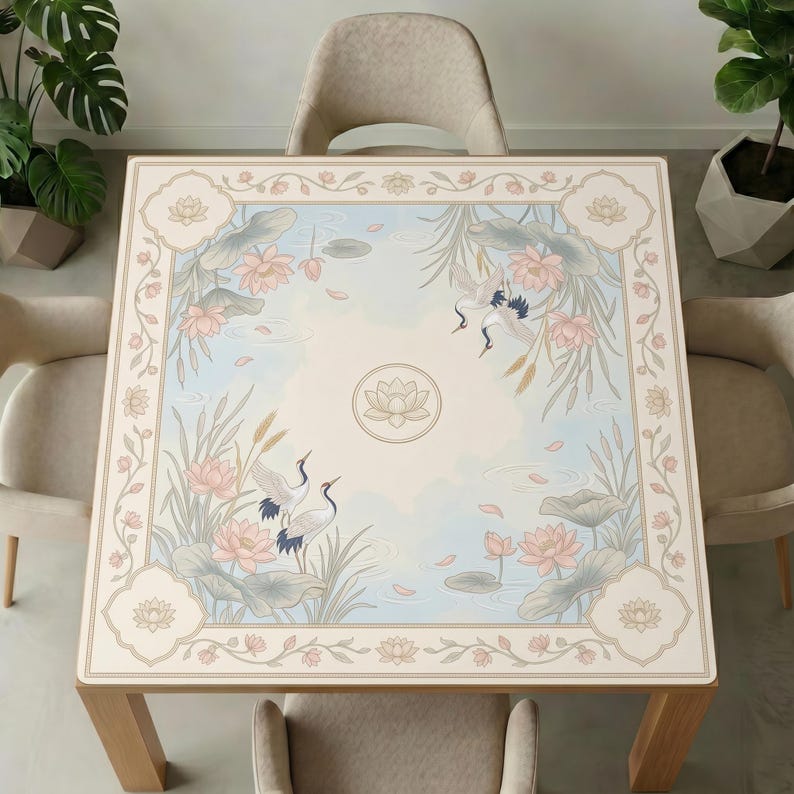 Dining table with beige chairs and plants, topped with the crane and lotus mahjong table mat, showing the full elegant water‑garden design.