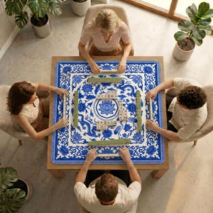 Overhead view of four people playing mahjong on a table covered with the blue and white dragon lotus mahjong mat, surrounded by plants and natural light.