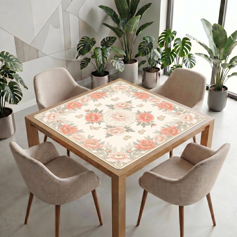 Peony mahjong table mat covering a square table in a modern room, with neutral chairs and tall potted plants near large windows.