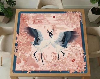 Elegante mahjong-tafelmat kraanvogels – paviljoen met bloemenmeer, geluidsreducerende gamecover