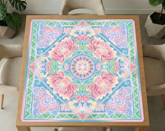 Pastel Lotus Butterfly Mandala Mahjong Table Mat – Noise-Reducing Non-Slip Game Cover