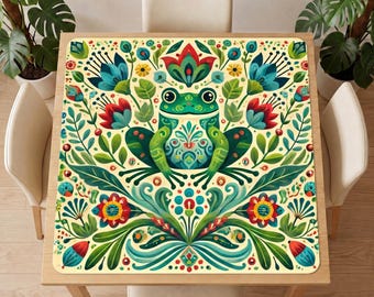 Folk Art Frog Floral Mahjong Table Mat – Green Frog, Colorful Leaves, Non-Slip Game Cover