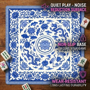 Close‑up of the blue and white dragon lotus mahjong mat on a wooden table, with overlay text highlighting quiet noise‑reduction surface, non‑slip base and wear‑resistant durability.