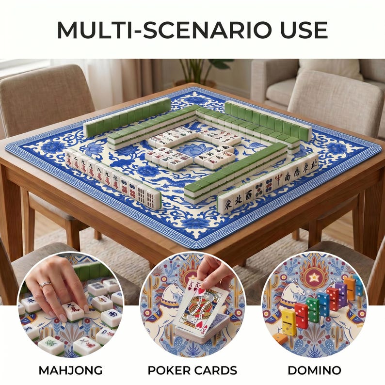 Mahjong tiles set up on the blue and white dragon lotus table mat, with insets showing the mat also used for poker playing cards and colorful domino style pieces.