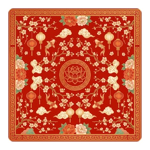 Flat product image of a red mahjong table mat with golden lotus medallion, hanging lanterns, koi fish, plum blossoms and peony flowers framed by a geometric border.