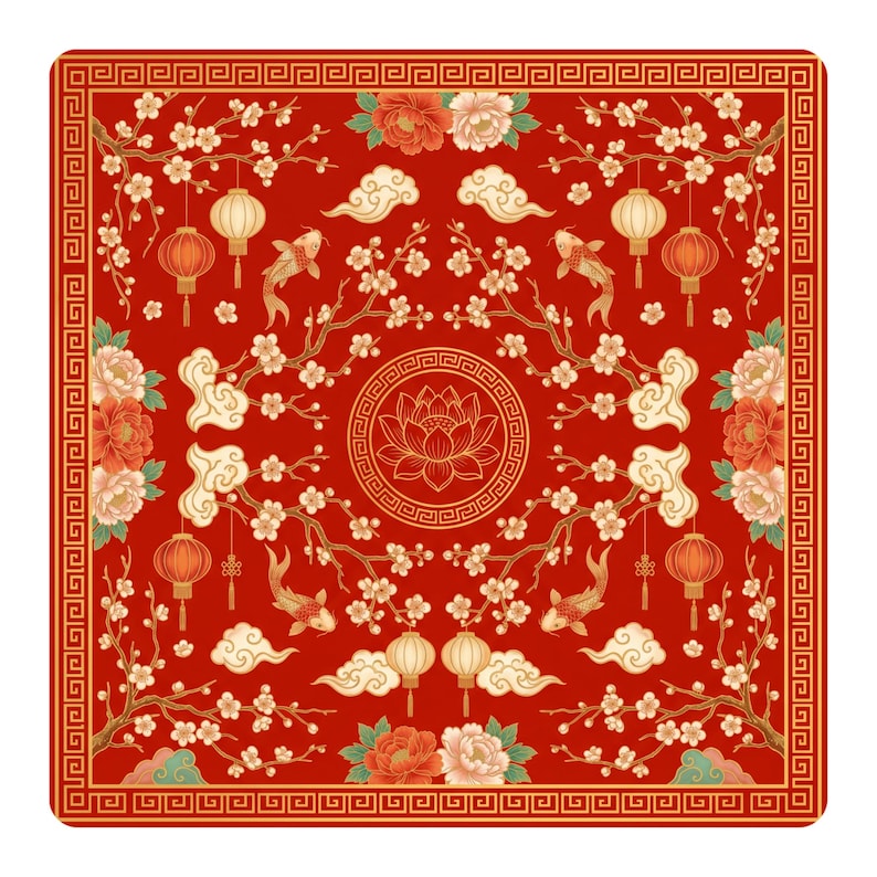 Flat product image of a red mahjong table mat with golden lotus medallion, hanging lanterns, koi fish, plum blossoms and peony flowers framed by a geometric border.