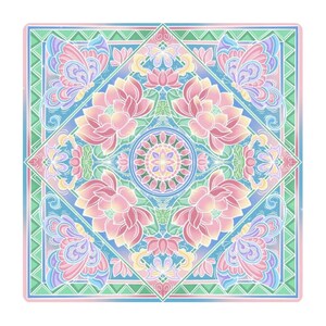 Flat product image of a square mahjong table mat with a pastel pink lotus and butterfly mandala pattern on blue and green geometric borders.