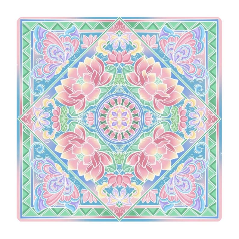 Flat product image of a square mahjong table mat with a pastel pink lotus and butterfly mandala pattern on blue and green geometric borders.