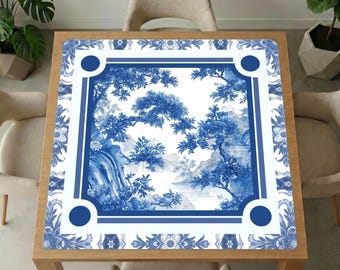Blauwwitte Mahjong-landschapsmat – porseleinen schilderstijl, geluidsreducerend, antislip gamepad