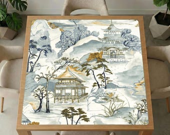 Mahjong-tafelmat Aziatisch landschap – scène met pagodekraan, geluidsreducerende antislip gamecover
