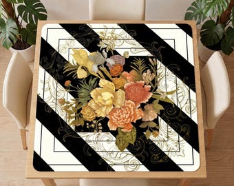 Black White Stripe Floral Mahjong Table Mat – Vintage Peony Bouquet, Noise Reducing Game Cover