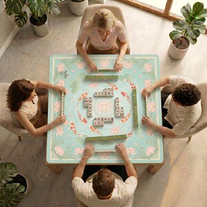 Overhead view of four people playing mahjong on a table covered with the koi and lotus mahjong mat in a bright room with potted plants.