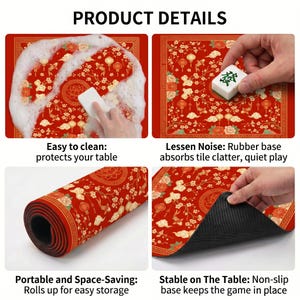 Product detail collage of the red lantern koi lotus mahjong mat being washed with foam, used under tiles, rolled up for storage and lifted to reveal the textured non‑slip rubber backing.