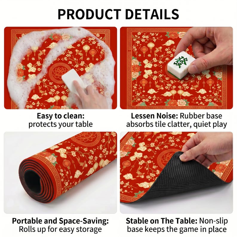 Product detail collage of the red lantern koi lotus mahjong mat being washed with foam, used under tiles, rolled up for storage and lifted to reveal the textured non‑slip rubber backing.