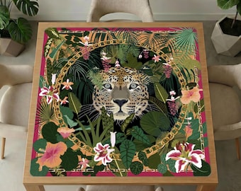 Jungle Leopard mahjong-tafelmat – tropische bladeren, frame met gouden ketting, antislip gamecover
