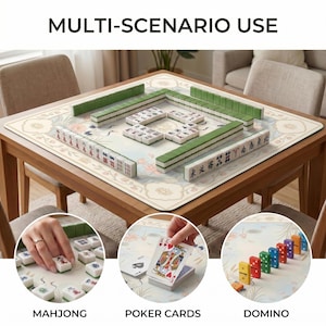 Mahjong setup on the crane and lotus mat, with inset circles showing close‑ups of mahjong tiles, poker cards and domino style tile games on the cream and blue surface.