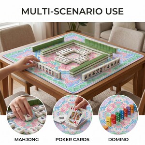Mahjong tiles arranged on the pastel lotus mahjong table mat, with inset circles showing mahjong tiles, poker cards and domino style tiles on the mat.