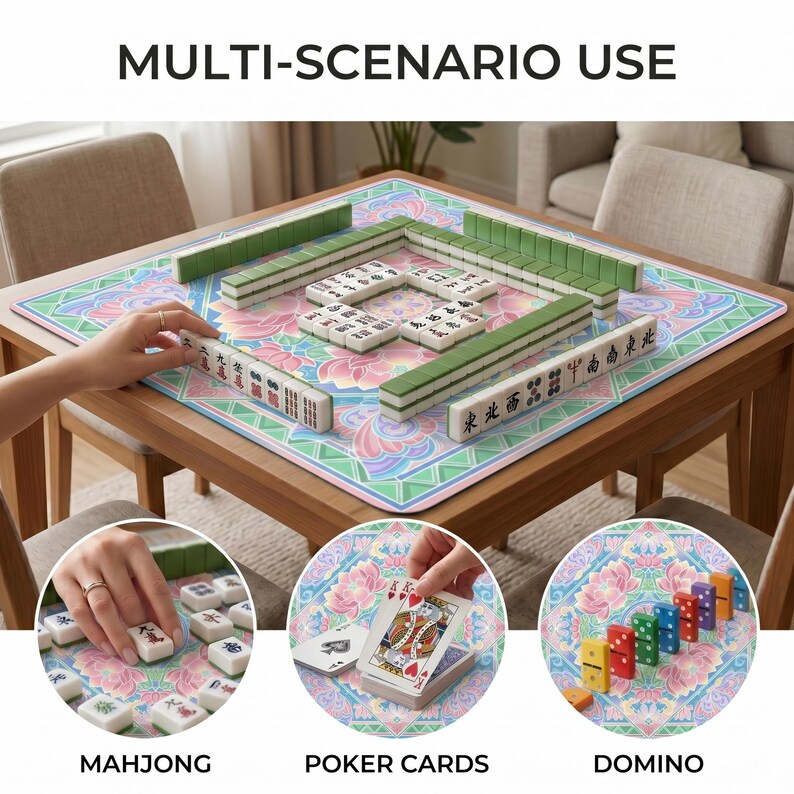 Mahjong tiles arranged on the pastel lotus mahjong table mat, with inset circles showing mahjong tiles, poker cards and domino style tiles on the mat.