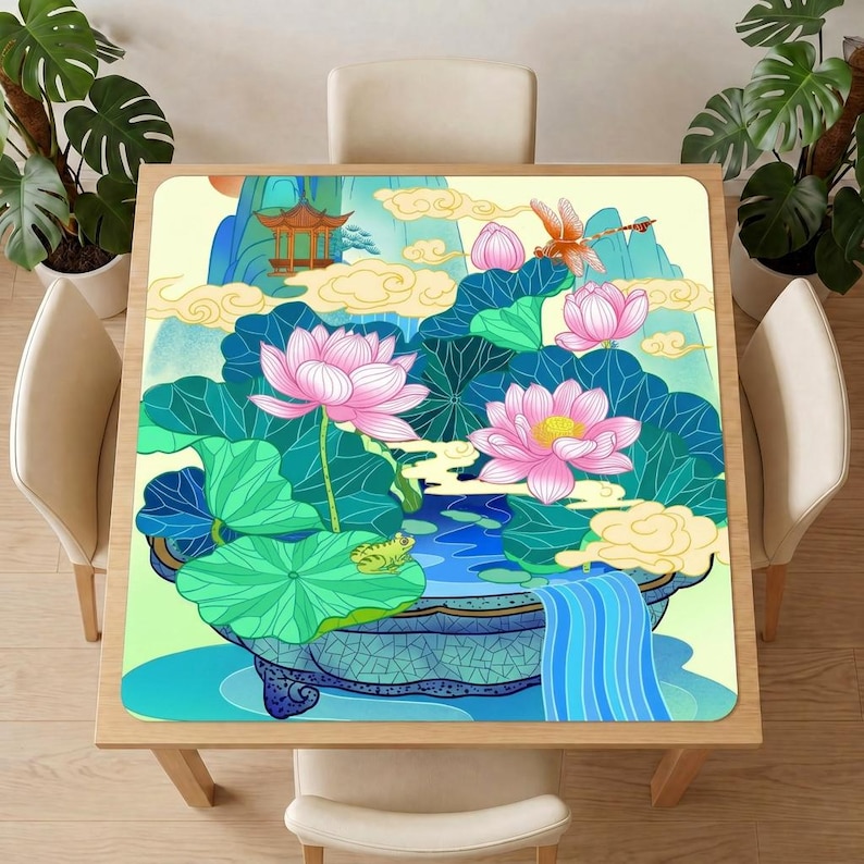 Lotus pond mahjong table mat covering a square wooden table with four cream chairs in a bright room decorated with green potted plants.