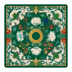 Flat product image of a green mahjong table mat with white lotus flowers, curling vines and a gold circular medallion in the center.