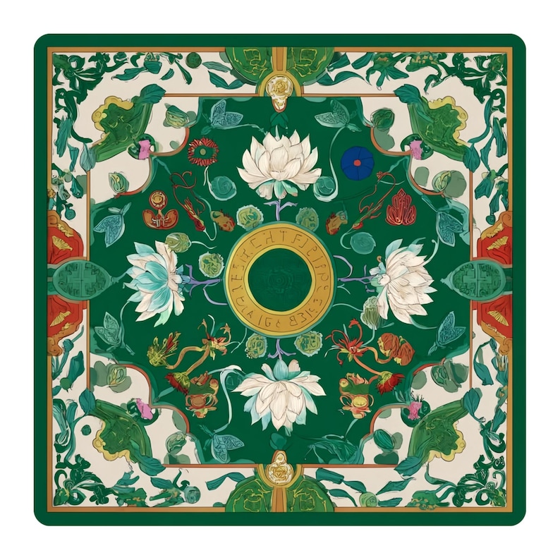 Flat product image of a green mahjong table mat with white lotus flowers, curling vines and a gold circular medallion in the center.