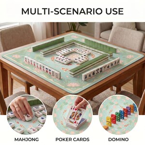Mahjong set arranged on the koi and lotus table mat, with inset photos showing the mat also used for poker style playing cards and colorful domino style pieces.