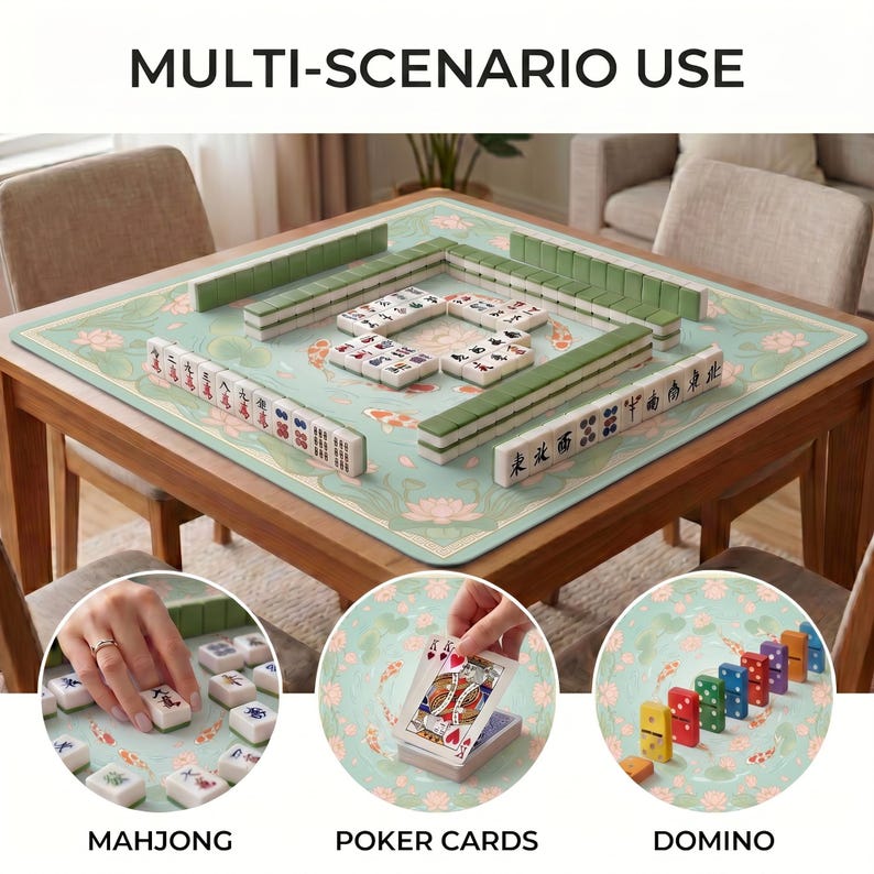 Mahjong set arranged on the koi and lotus table mat, with inset photos showing the mat also used for poker style playing cards and colorful domino style pieces.