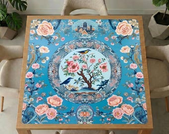 Blauwe chinoiserie mahjong-tafelmat – vogels, pioenrozen, geluidsreducerend, antislip gamehoes