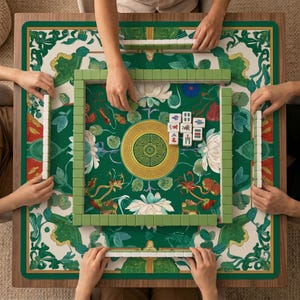 Overhead view of four people playing mahjong on a wooden table covered with the green lotus mahjong table mat, showing tiles arranged around the gold center circle.
