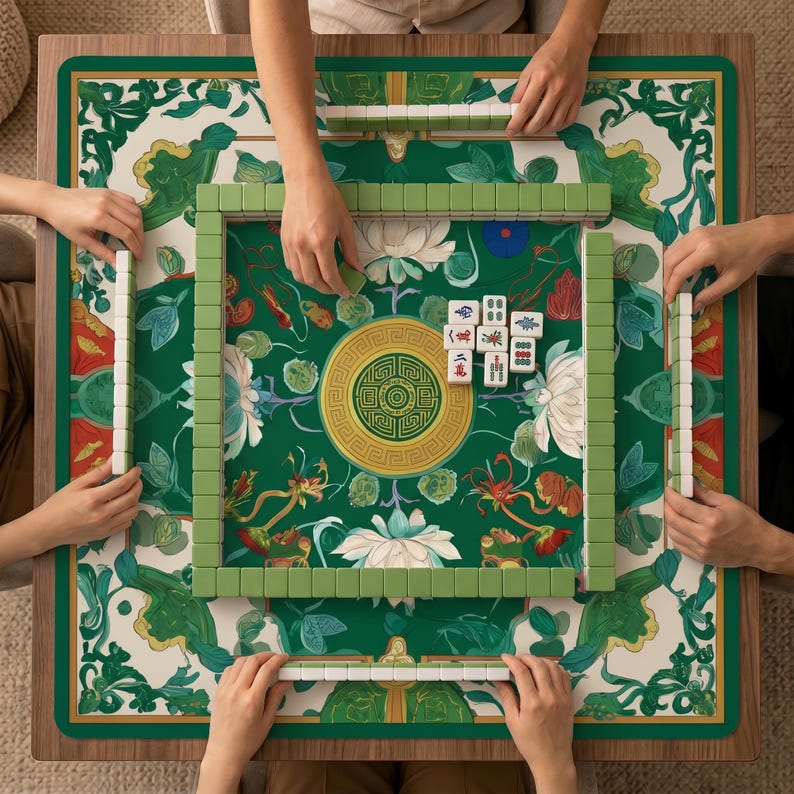 Overhead view of four people playing mahjong on a wooden table covered with the green lotus mahjong table mat, showing tiles arranged around the gold center circle.