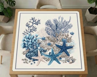 Blue Ocean Mahjong Table Mat – Noise Reducing Non Slip Game Table Cover 50–100cm