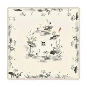 Flat product image of a square ink‑wash crane and lotus mahjong table mat in black and grey on a warm cream background, with cranes, lotus flowers and bamboo.