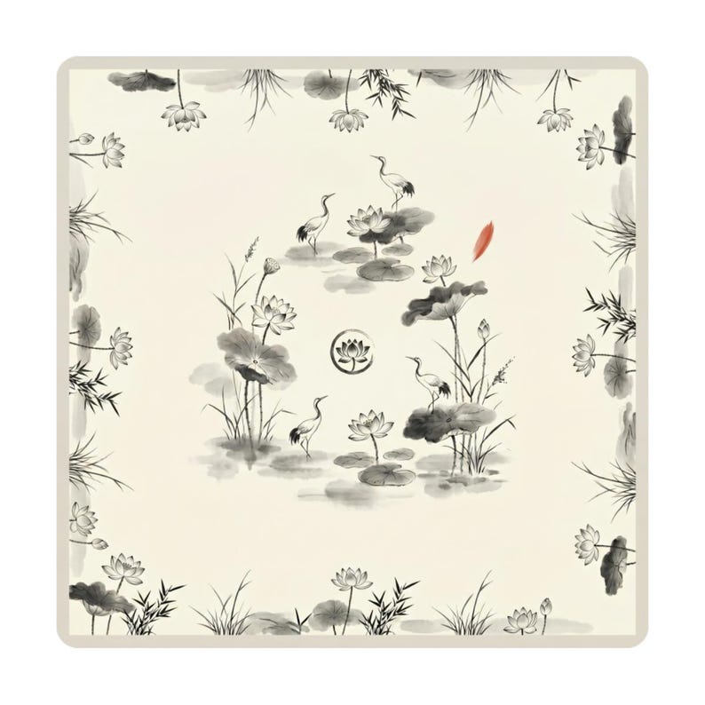 Flat product image of a square ink‑wash crane and lotus mahjong table mat in black and grey on a warm cream background, with cranes, lotus flowers and bamboo.