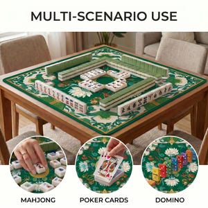 Mahjong tiles, playing cards and colorful domino style pieces arranged on the green lotus game mat, demonstrating multiple ways to use the table mat.