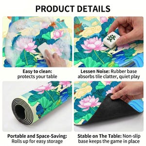 Product detail collage of the lotus pond mat being cleaned with foam, used under a tile, rolled up for storage and lifted to reveal the textured non‑slip rubber backing.