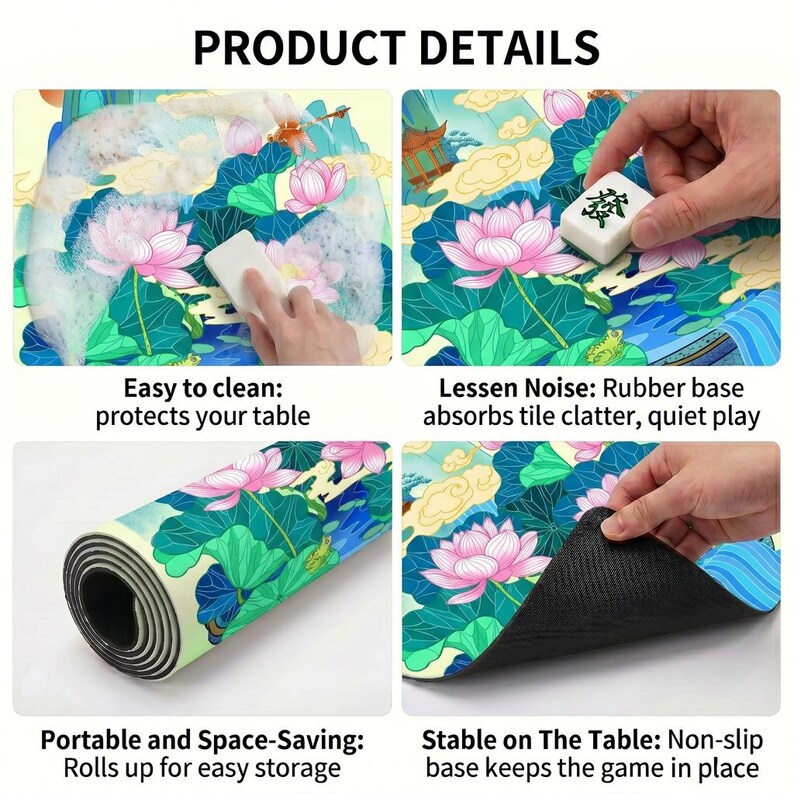 Product detail collage of the lotus pond mat being cleaned with foam, used under a tile, rolled up for storage and lifted to reveal the textured non‑slip rubber backing.