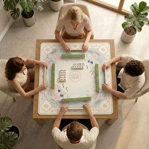 Top‑down view of four people sitting around a table covered with the crane and lotus mahjong table mat, preparing to play mahjong.