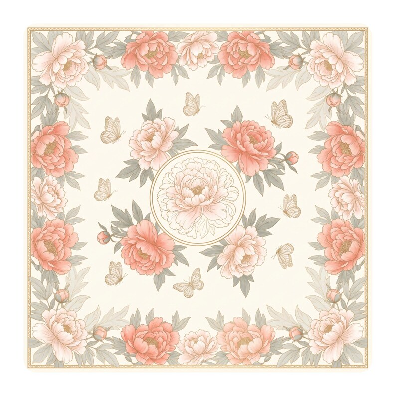 Flat product image of a square mahjong table mat with an ivory background, coral and blush peony border, gold center peony medallion and small butterflies.