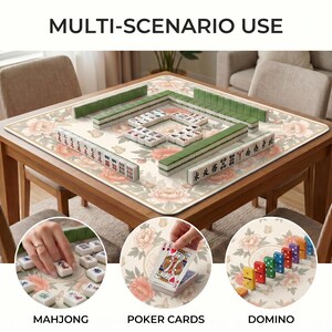 Mahjong set arranged on the peony floral table mat, with inset photos showing the mat also used for poker style playing cards and colorful domino style pieces.
